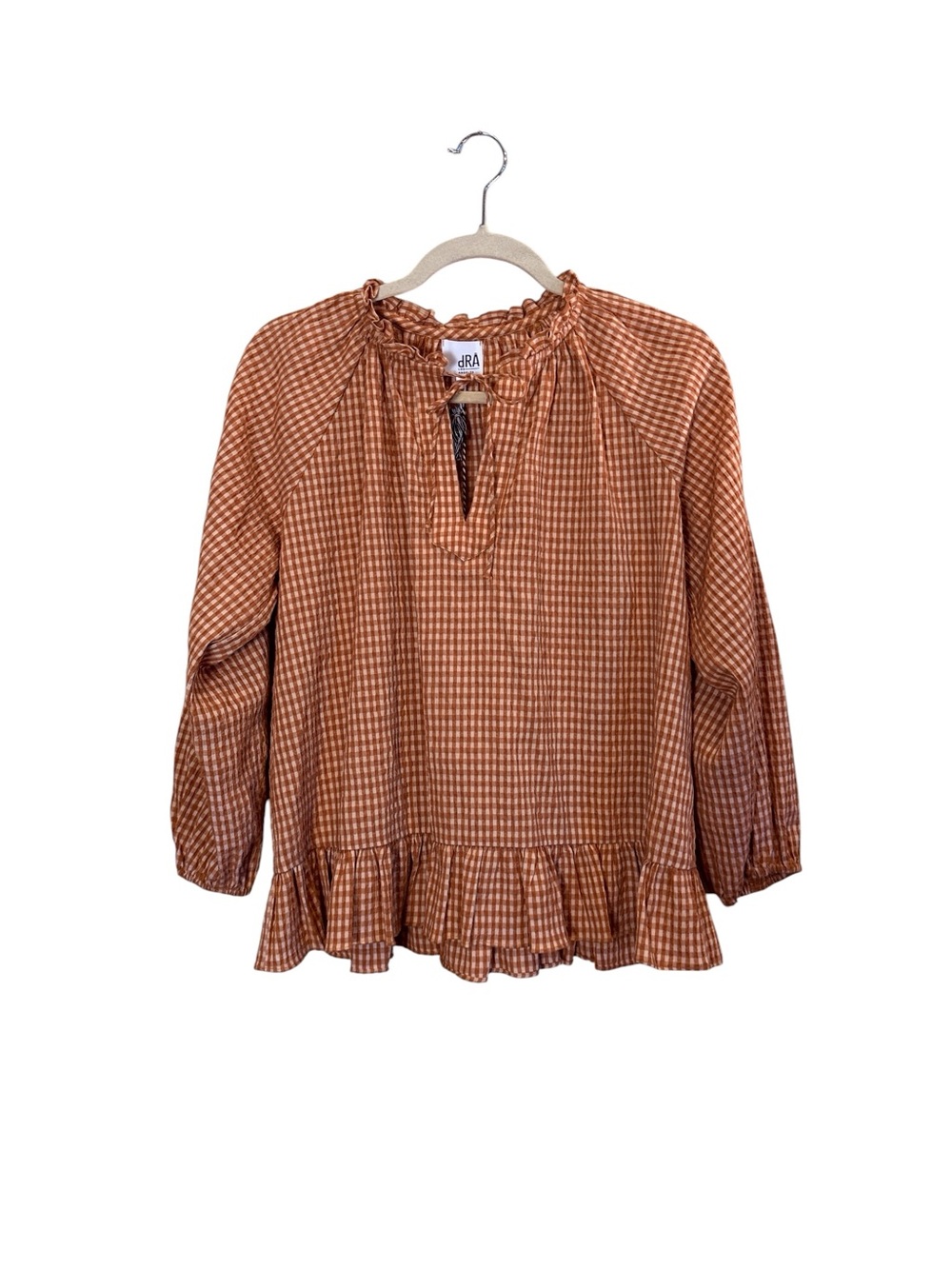 dRA LA Women’s Rust Cotton Gingham Ruffle Boho Peasant Blouse Sz S